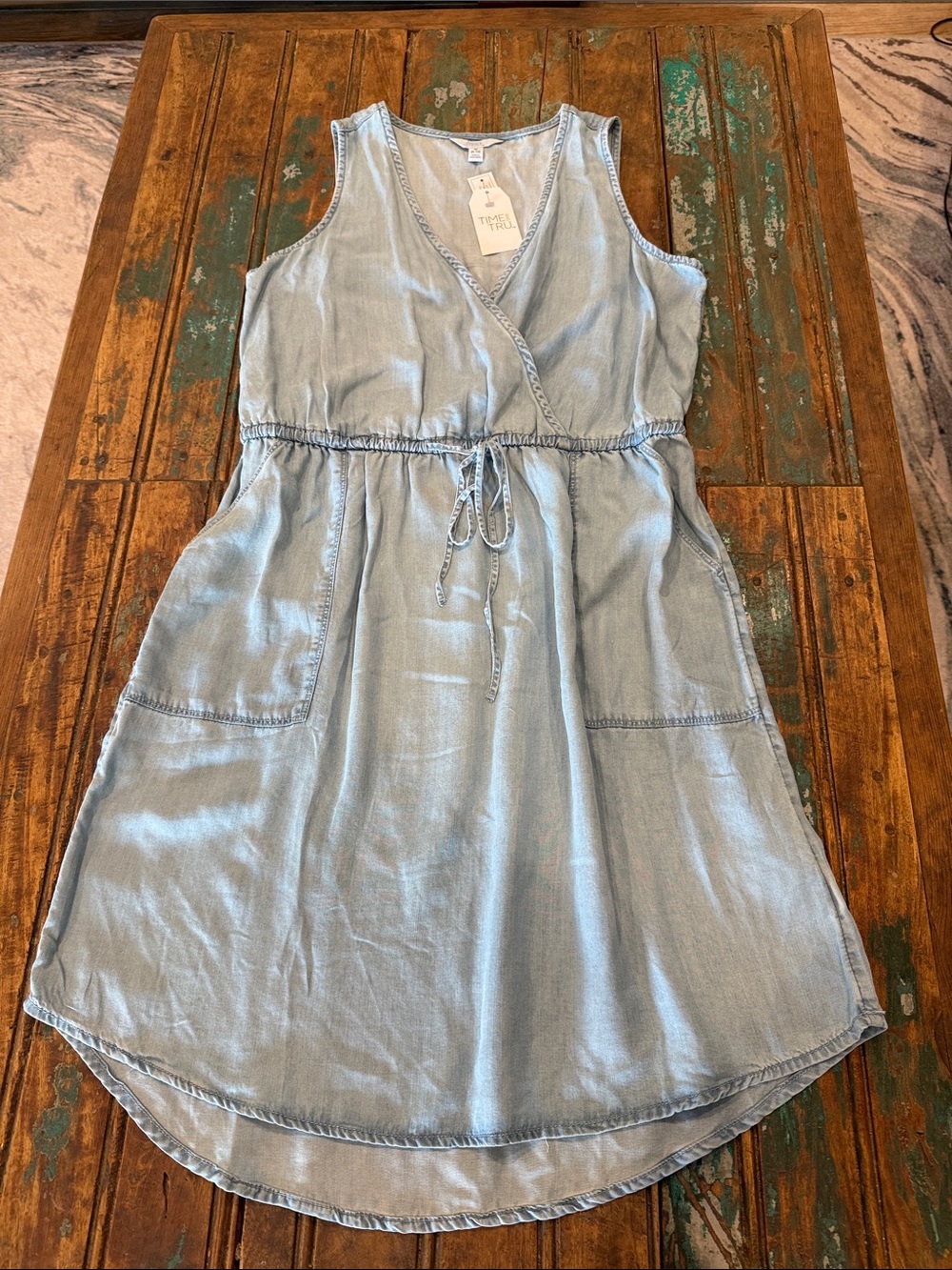 Time and Tru Light Blue Sleeveless Drawstring Chambray Dress